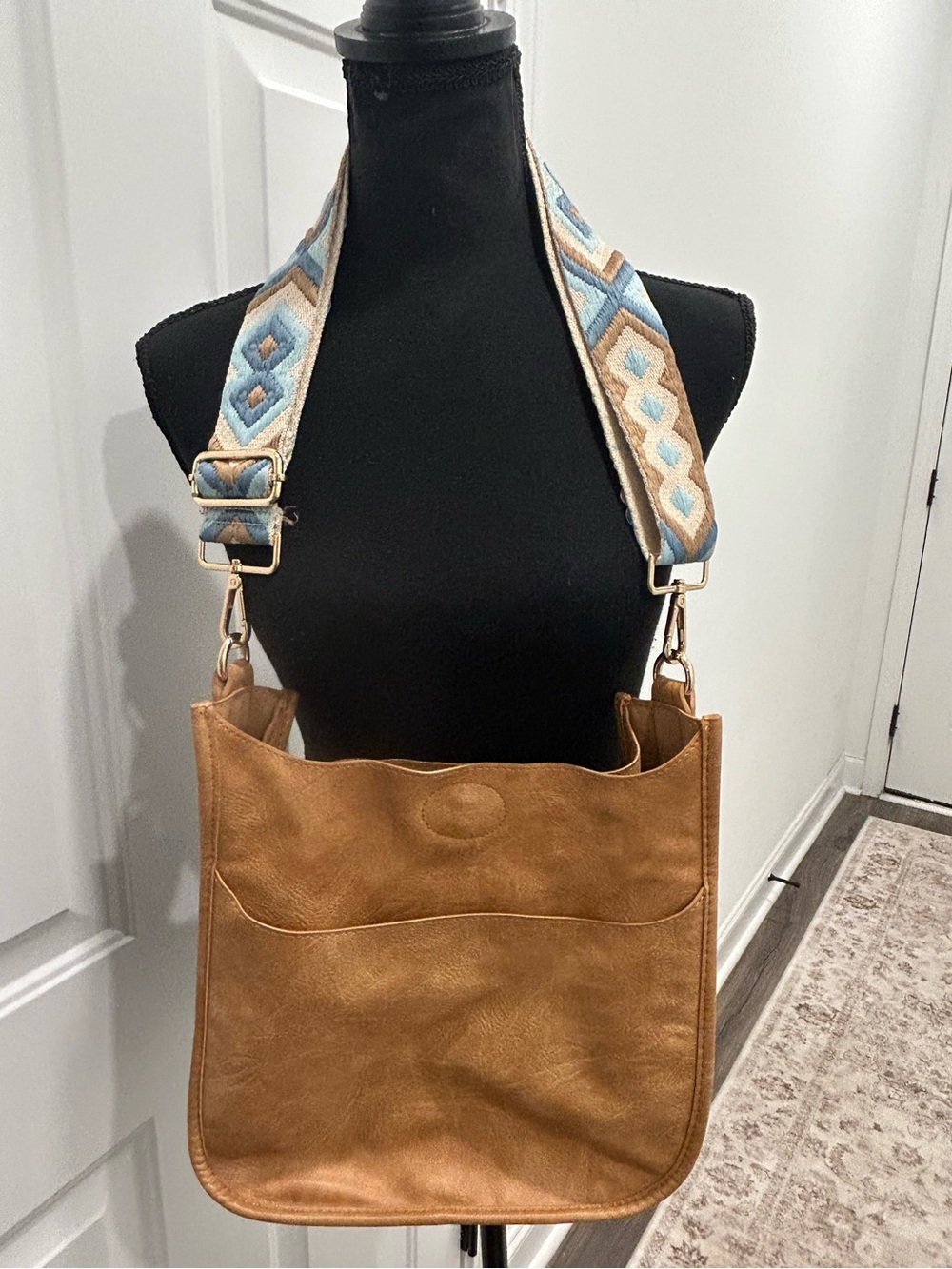 Ah Dorned Vegan Leather Tan Crossbody Messenger Bag with woven strap